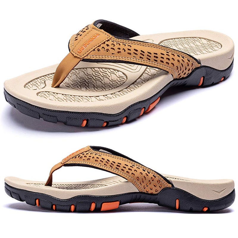 KIIU Mens Flip Flop Indoor and Outdoor Thong Sandals Beach Slippers Khaki, 10 - Image 1